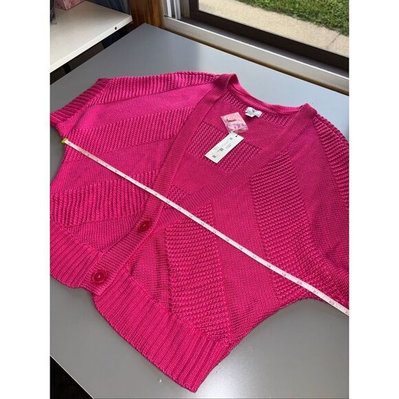 Worthington cropped short sleeve cardigan button-front closure vibrant pink dolm - Picture 7 of 9
